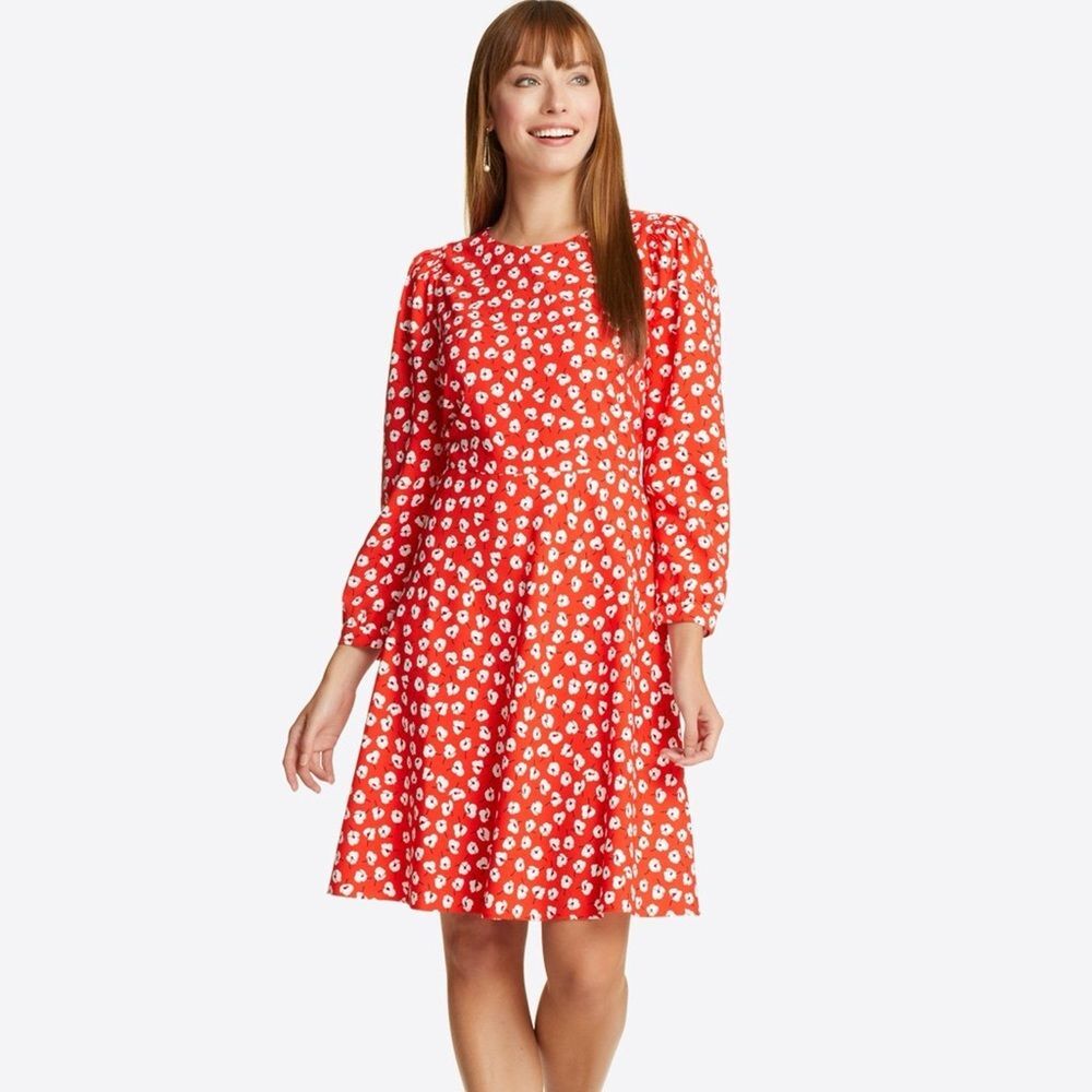 Draper James Red Floral Smocked Sleeve Dress Women Size 14